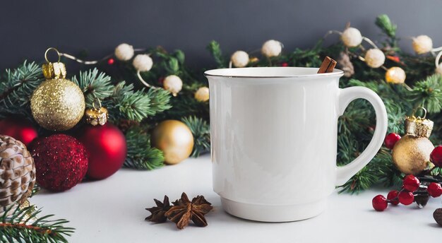 Wooden table background with christmas coffee cup scene
