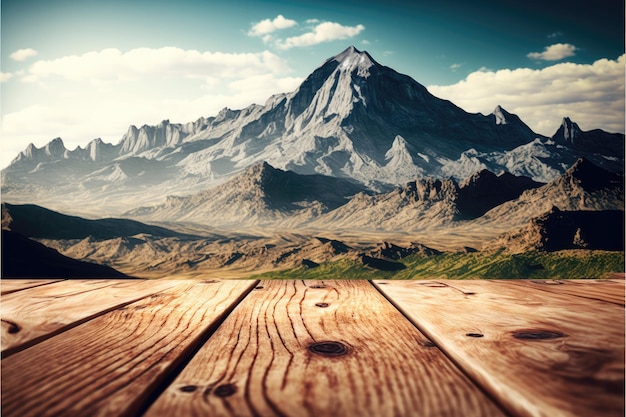 Wooden table background with landscape of mountains