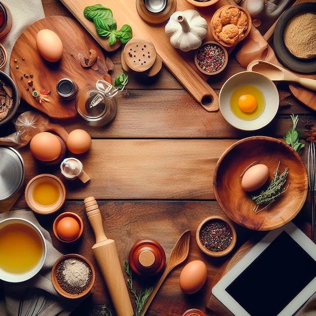 Photo wooden table background with some kitchen utensils and items