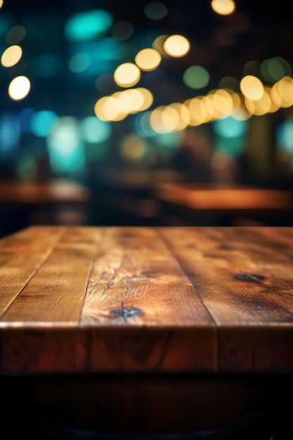 A wooden table in a bar with a blurred background