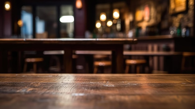 A wooden table in a bar with a sign that says'the word bar'on it