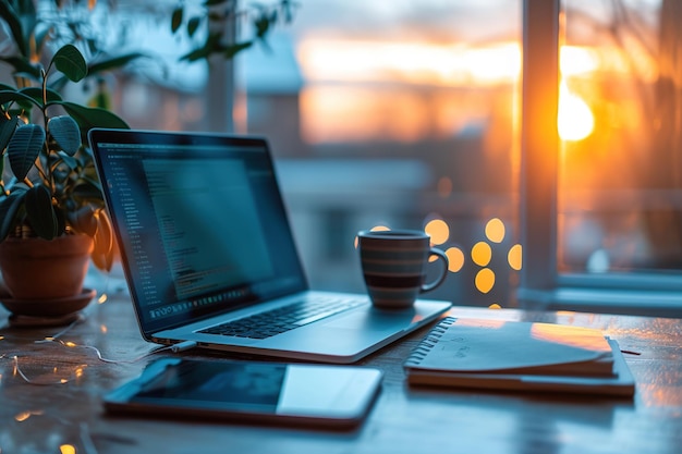 On a wooden table bathed in warm sunset light there39s a serene home office setup with a laptop notebook and a cup of coffee