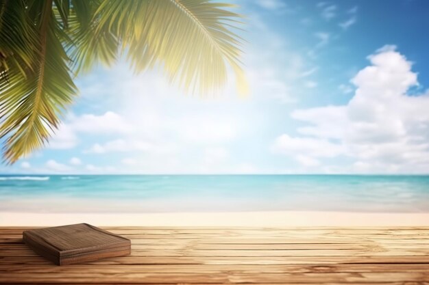 The wooden table above the beach and the palm leaves with a blurry background