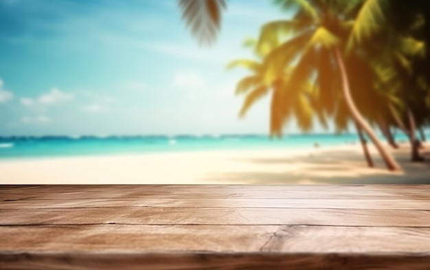 Wooden table on a beach with a beach background