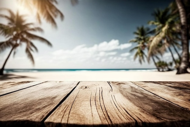 Wooden table on a beach with palm trees in the background