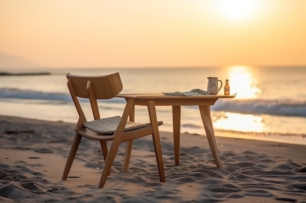 A wooden table on the beach with a sunset in the background