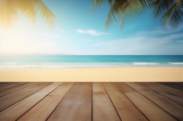 Wooden table on a beach with a tropical beach and the sun
