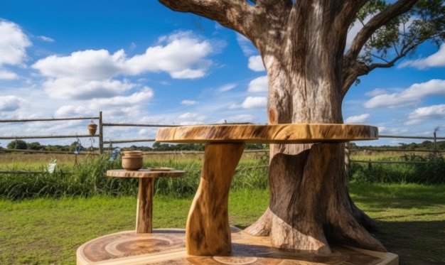 A wooden table and bench in a park with a tree stump in the background.