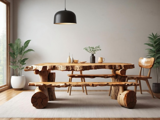 A Wooden Table And Bench In A Room