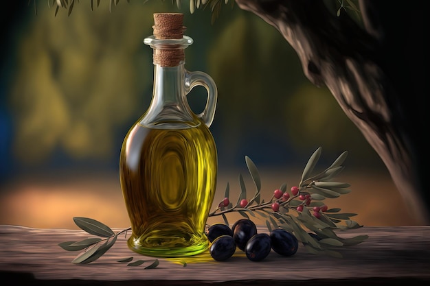 On the wooden table beneath the olive tree there are olive berries and olive oil