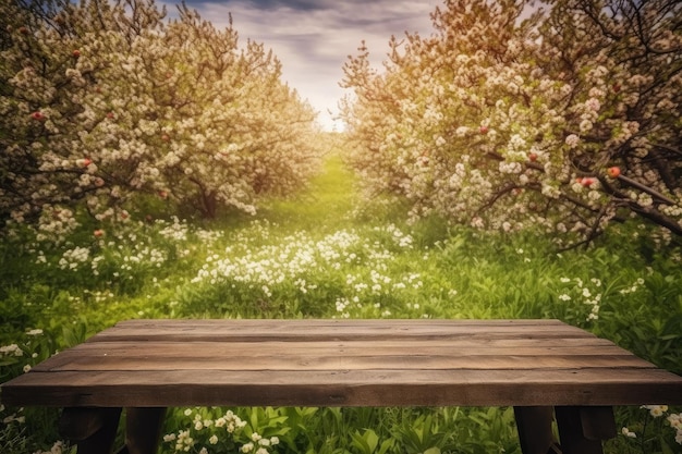 Wooden table blooming spring Generate Ai