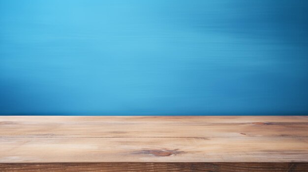 Photo wooden table in blue wall