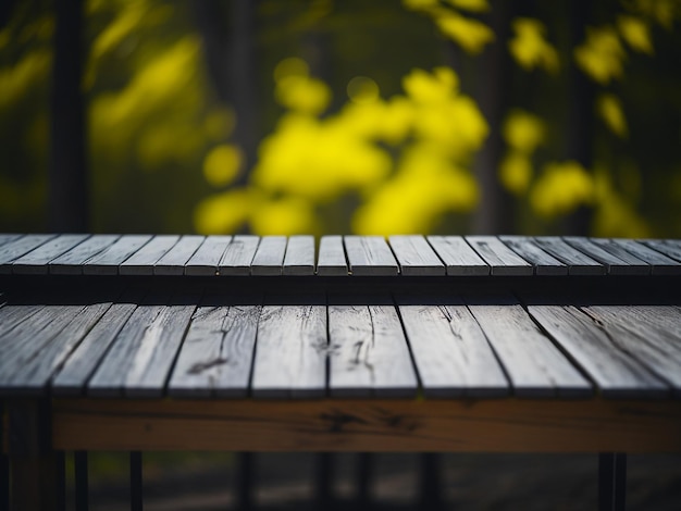 Wooden table and blur tropical yellow color background product display montage high quality photo