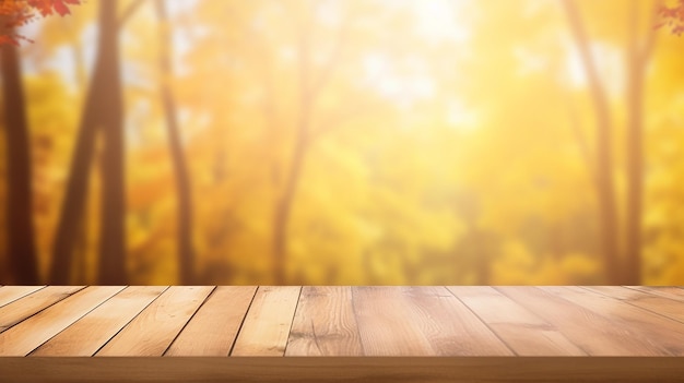 Wooden table and blurred Autumn background Autumn background