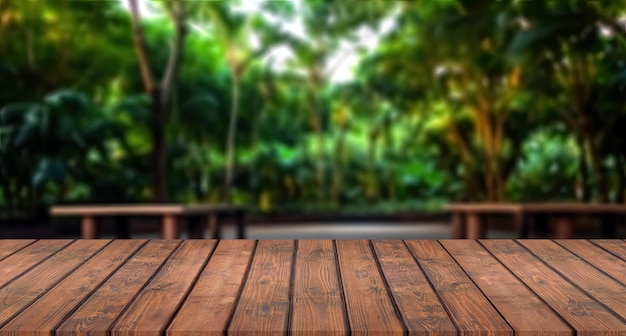 Wooden table and blurred background of the garden with palm trees High quality photo