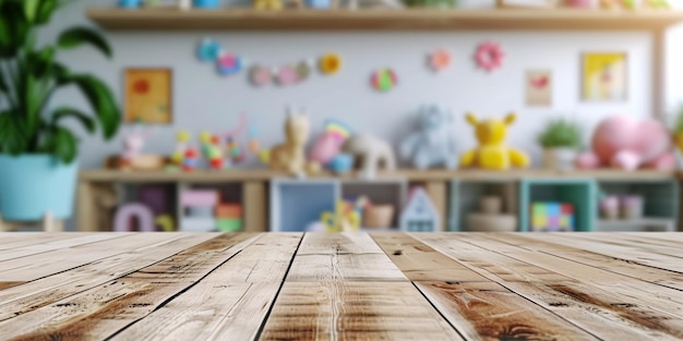 Foto tavolo di legno sullo sfondo sfocato della sala giochi con giocattoli per bambini vetrina di prodotti