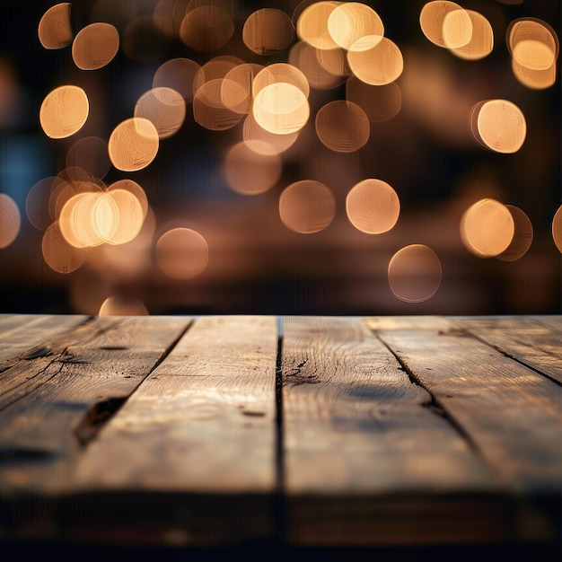 Wooden table on a blurred background with a bokeh lights Copy space Template for product display