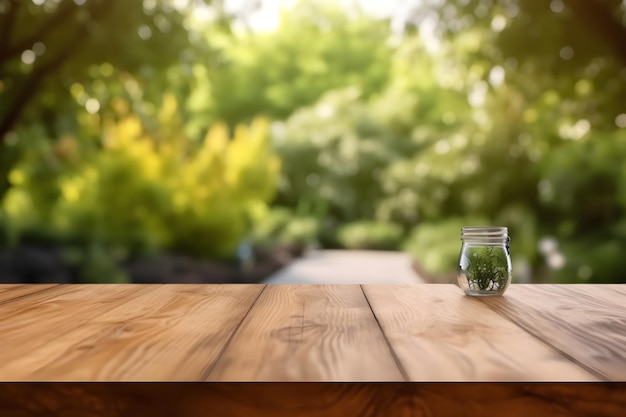 Wooden table blurred green nature garden background with copy space