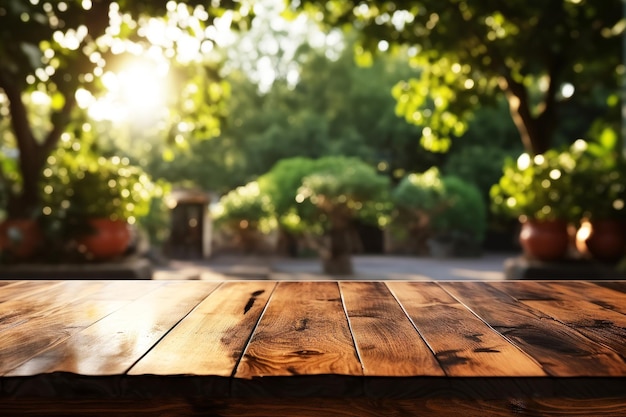Деревянный стол и размытый зеленый фон сада природы