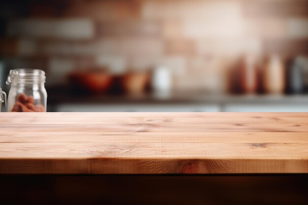 Photo wooden table on blurred kitchen background