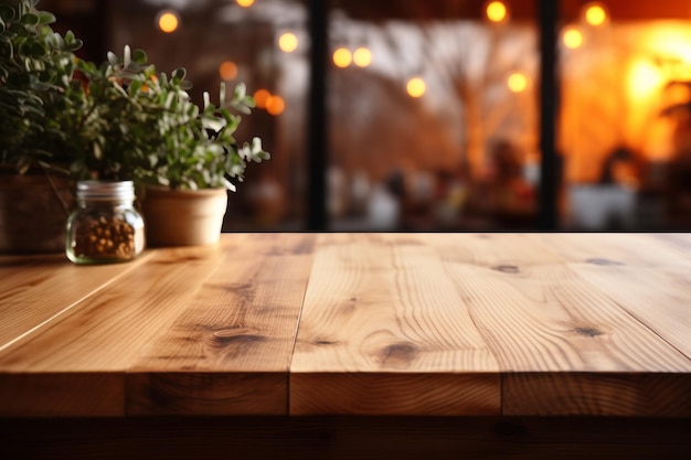 Wooden table on blurred kitchen bench background Empty wooden table and blurred kitchen background Generative Ai