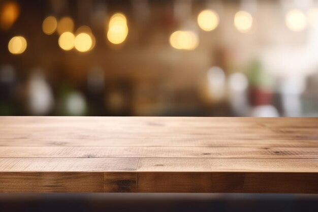 Wooden table on blurred kitchen bench background Empty wooden table and blurred kitchen background Generative Ai