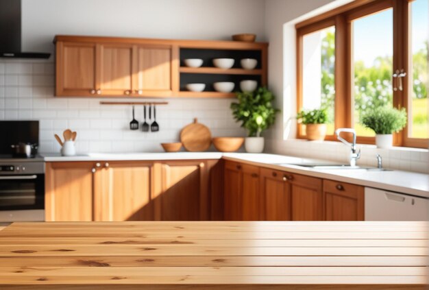 Wooden table on blurred kitchen bench background Empty wooden table and blurred kitchen background