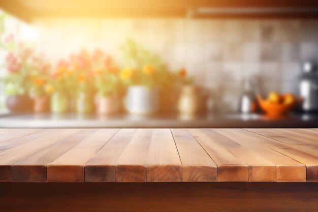 wooden table on blurred kitchen bench background