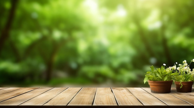 Wooden table and blurred plant nature garden background