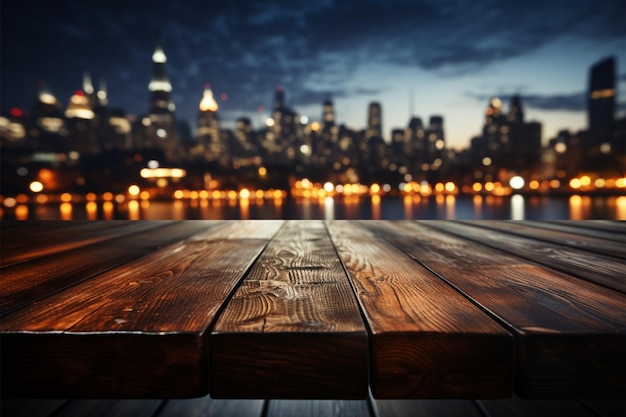 wooden table blurred sky night city building