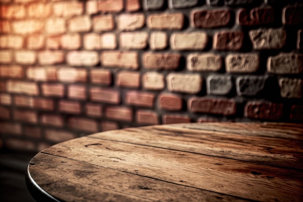 Wooden table next to a blurry brick wall