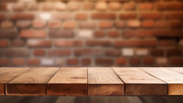 Photo wooden table in brick wall