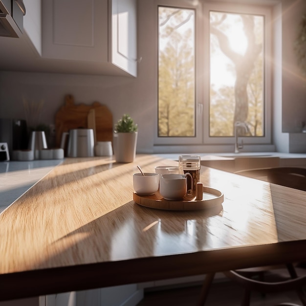 Wooden table in a bright kitchen closeup daylight space for layoutGenerative AI
