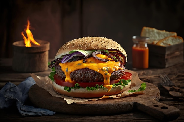 On a wooden table a burger topped with melted cheddar cheese and sumakh