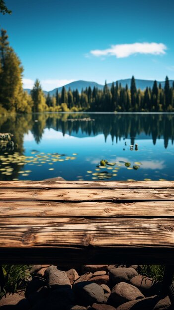 Wooden table by a forest lake offers a tranquil copy space Vertical Mobile Wallpaper