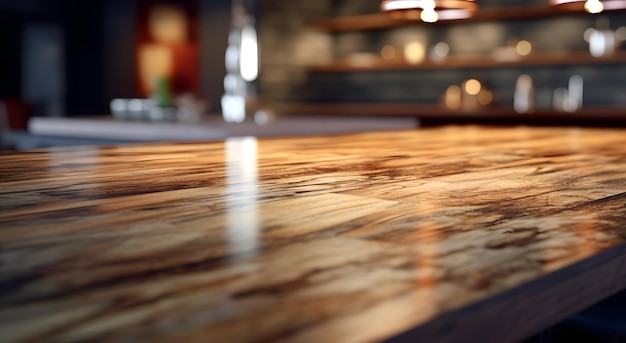 Wooden table in a cafe or restaurant blurred background