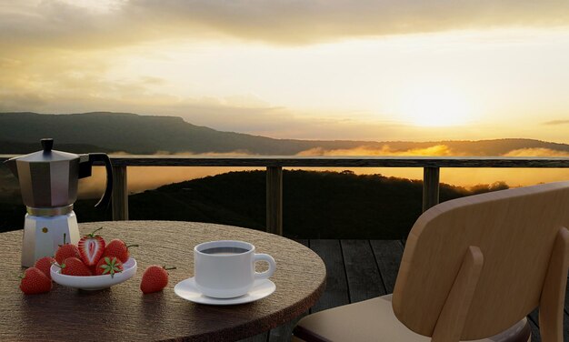 Photo wooden table and chair set with black coffee and moka pot with fresh strawberries in white ceramic cups on the terrace or balcony mountain scenery in the morning with sunlight 3d rendering