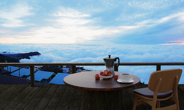 Wooden table and chair set with black coffee with fresh strawberries on the terrace or balcony Mountain scenery in the morning with sunlight and sea of mist at Phu tub berk Thailand 3D rendering