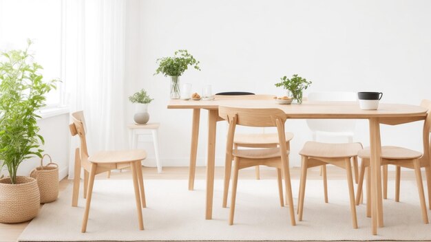 白い部屋の木製のテーブルと椅子