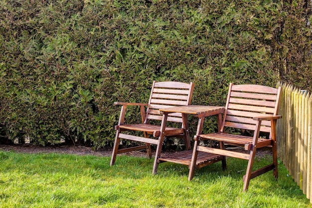 Wooden table and chairs on green lawn in backyard on sunny day in background hedgerow