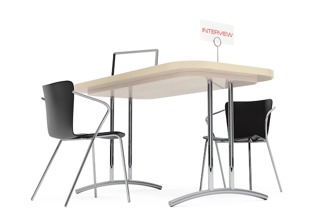 Wooden Table and Chairs for Interview on a white background. 3d Rendering