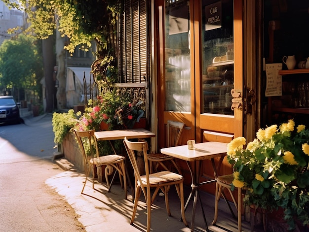 A wooden table and chairs outside a restaurant with the number 1 on it.