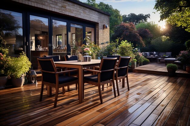 Wooden table and chairs in a restaurant in the evening outdoorgenerative ai