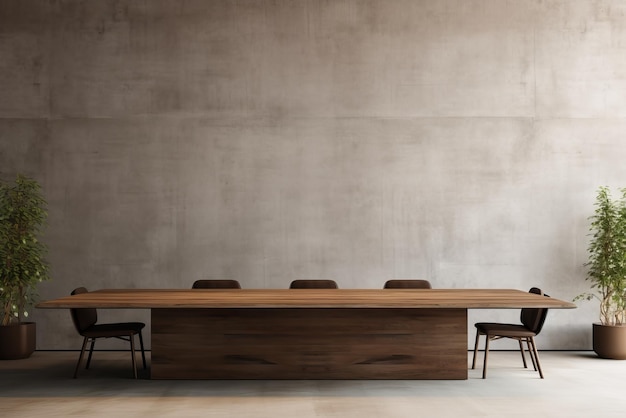 Wooden table and chairs standing in modern meeting room with concrete wall Mock up 3D Rendering