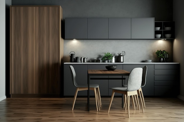 木製のテーブルと椅子、灰色のコンクリートの壁にキッチン パントリー カウンター、ハードウッドの寄木細工の床は、モダンで現代的なダイニング ルームのインテリア デザインの特徴です。