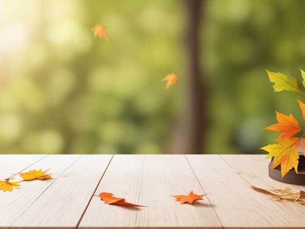wooden table close up with blurred nature leaves background