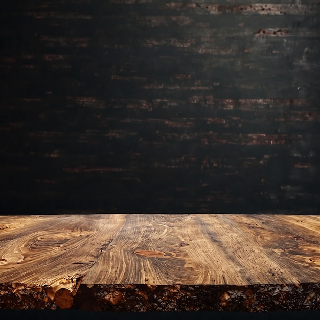wooden table closeup with dark wall background for elegant product displays