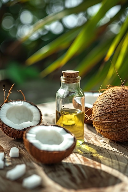 on a wooden table Coconut oil closeup