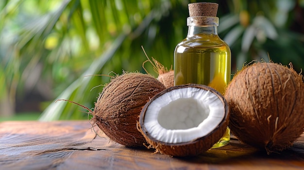 Photo on a wooden table coconut oil closeup