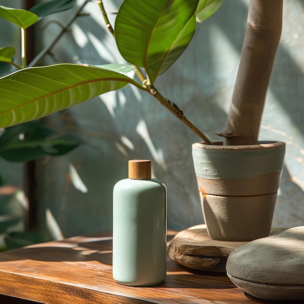 A wooden table containing a green plastic bottle and a large plant